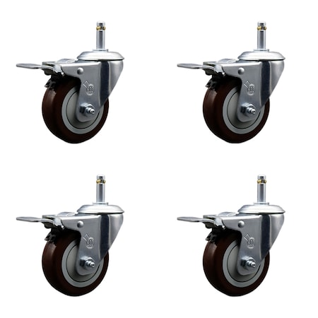 Service Caster 4'' Maroon Poly Swivel 7/16'' Stem Caster Set with Total Lock Brake, 4PK SCC-GRTTL20S414-PPUB-MRN-716138-4